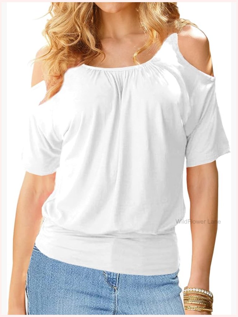 Cold Shoulder Top Summer Sexy Short Sleeve Ruched Scoop Neck Blouse